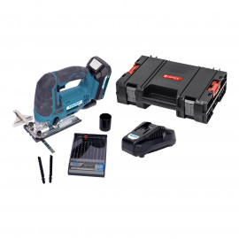 Aku přimočará pila 18V + baterie 2Ah + nabíječka 3.5A + pilové plátky + box